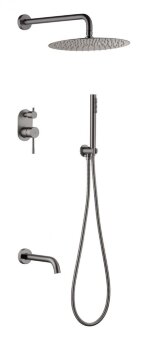 Смеситель встроенный + верхний+ ручной душ и изливом Uno. Gun Metall